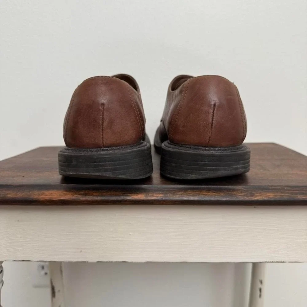 90s‎ Brown Square Toe Belt Buckle Shoe Genuine Leather 8.5
